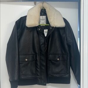 Women’s Black Vegan Leather Jacket with Cream fur Collar